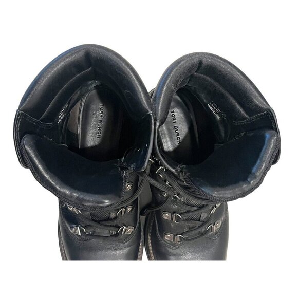 Tory Burch Miller Black Leather Suede Logo Lug Hiker Moto Ankle Boots - Picture 10 of 16